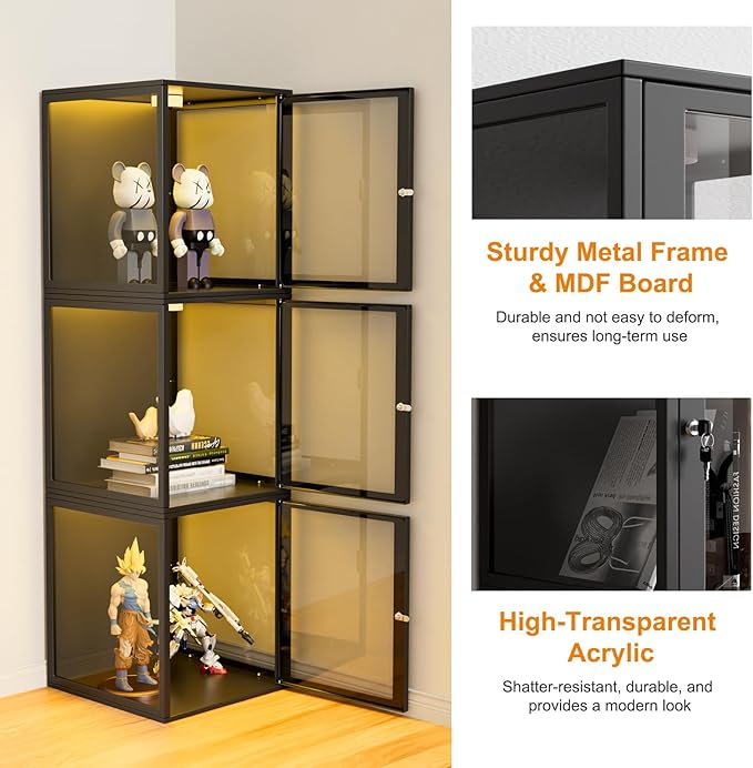 NAIZEA Display Case w/Lock, 17.7"x15.7"x15.7" LED Dustproof Show Case for Collectibles, Figure, Trophy, Display Box for Collectibles Bedroom Living Room Office Game Room,3 Pack