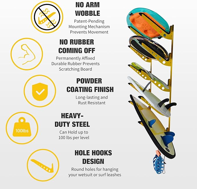 5 Board Surf Rack Wall Mount for Surfboard, Wakeboard, Snowboard Storage Adjustable Wall Hangers Boards Display, Yellow