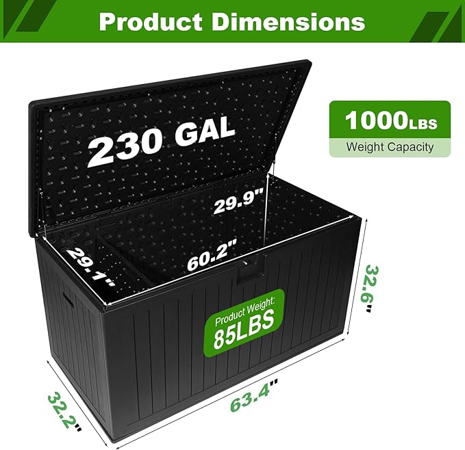 230 Gallon Outdoor Storage Box Waterproof, Extra Large Plastic Outside Deck Box Weatherproof, Resin Patio Storage Bin with Lock and Lids for Pool Equipment and Cushion, Black