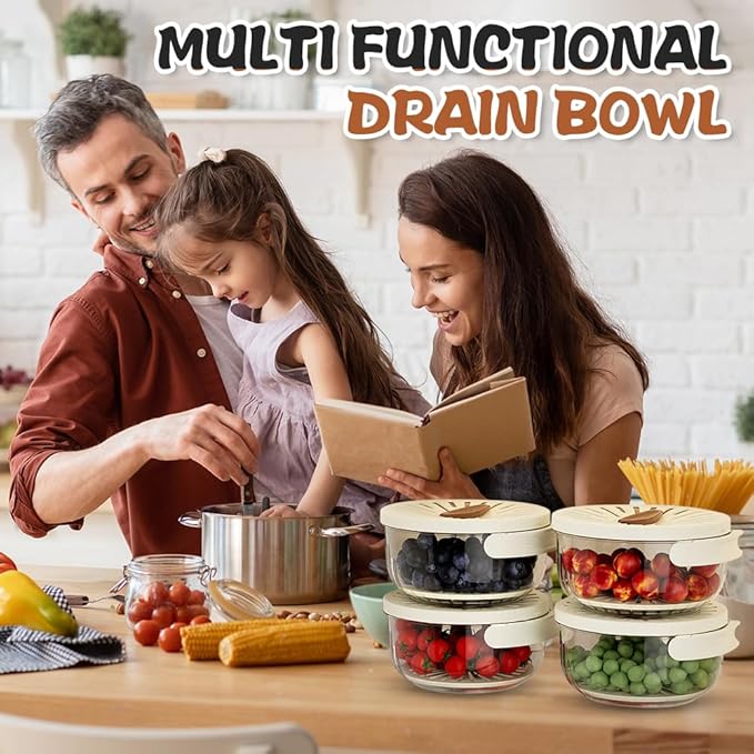 Multi-Functional Fruit and Vegetable Washing Bowl, Fruit Strainer Container with Lid, 2 In 1 Sealed Drainer Basket, Drainer and Freshness Basket, Kitchen Tool with Foldable Handle (Brown+White)