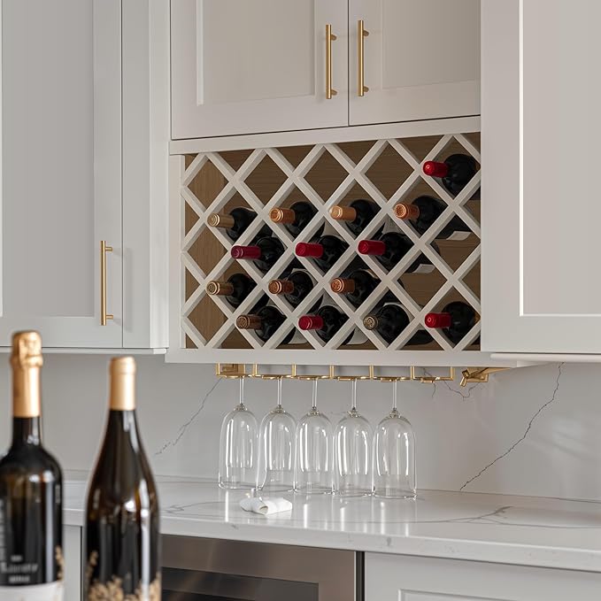 Solid Wood RTA Wine Bottle Rack Wall Cabinet with Lattice Panels - Wine Storage for Bar, Pantry, Cellar - Mocha (Origami White, 30'W 12'D 15'H)
