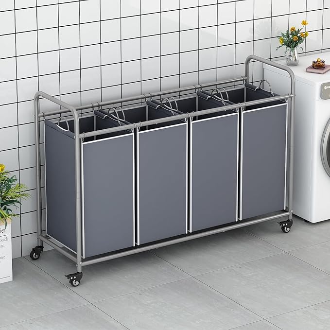Laundry Sorter 4 Section Hamper Sorter with Heavy Duty Lockable Rolling Wheels Removable Bags Basket Separator for Dirty Clothes Storage, Grey
