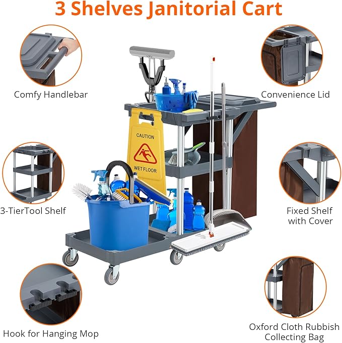 Commercial Janitorial Cart, 3-Shelf Housekeeping Cleaning Cart with Wheels, Cover, Shelves, and Oxford Bag, Traditional Janitorial Cart for School Hotel Apartment