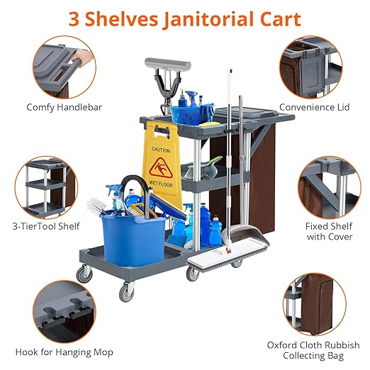 Commercial Janitorial Cleaning Cart on Wheels with Cover and Vinyl Bag, 3-Shelf Custodial Cart Housekeeping Carts for Hotels, Stores, Schools, and Business