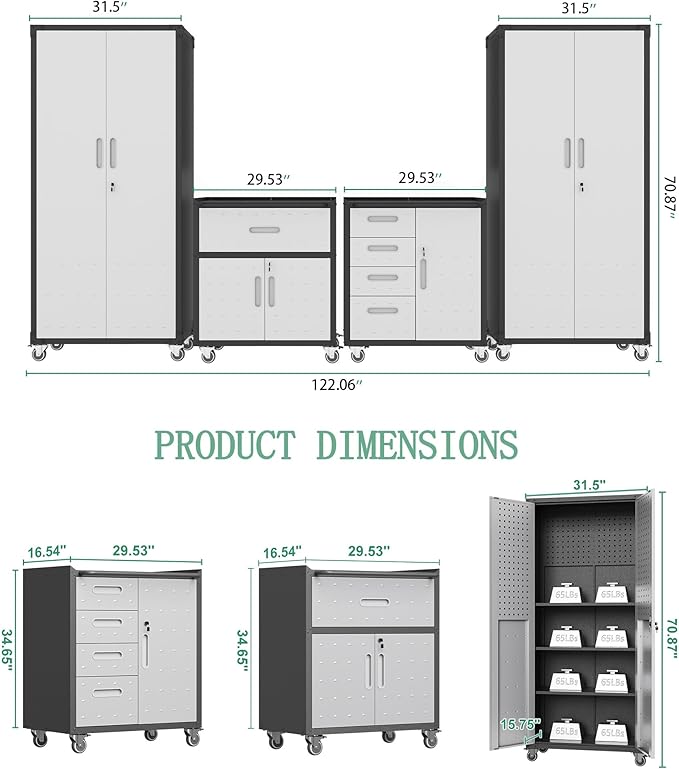 Metal Tool Cabinet,Garage Storage Cabinet System,Wall Cabinet & Locking Rolling Tool Cabinet with Doors and Adjustable Shelves,Steel Tool Cabinets for Home (4 Pcs-StyleB, Black & Grey)