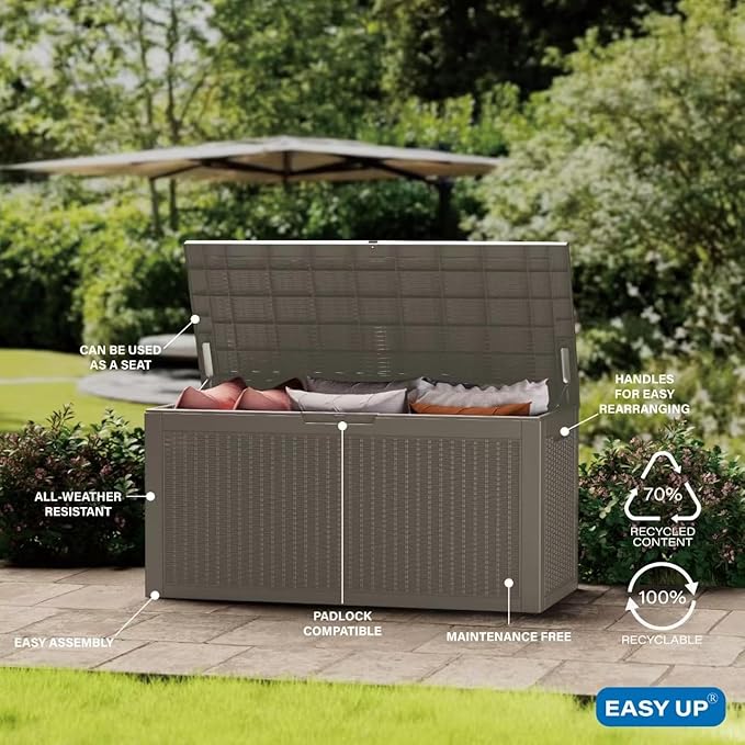 EasyUp 100 Gallon Deck Boxes Waterproof, Outdoor Large Storage Boxes with Lids, Outside Resin Storage Box & Deck Boxes for Patio, Garden Use(Gray)