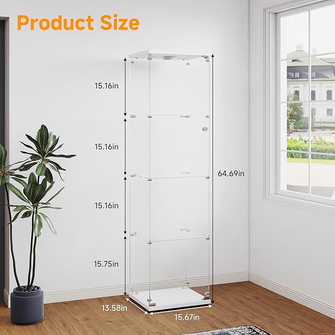 Tempered Glass Display Cabinet with Lights, 4-Tier Curio Cabinet with Glass Doors and Lock, Glass Display Case for Collectibles, for Living Room, Bedroom, Office, White, Single Door