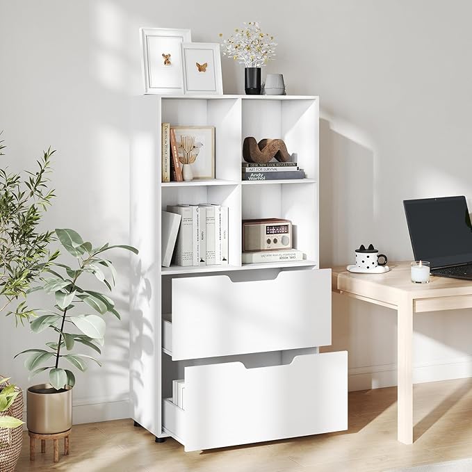 GOFLAME 4-Tier Bookcase with 2 Drawers, 51” Tall Bookshelf with 4-Cube Open Shelf, Wood, Modern, Freestanding Display Storage Organizer Shelf for Living Room, Home Office (2,White)