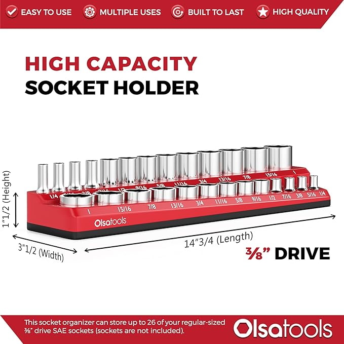 Olsa Tools Magnetic Socket Organizer | 3/8-inch Drive | SAE | RED | Holds 26 Sockets | Professional Quality Tools Organizer