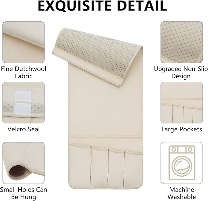 TV Remote Control Holder Couch Caddy, Non-slip Bedside Caddy Organizer with 5 Pockets for Key Glasses Phone Magazine Holders (Beige, 35"x12.4")