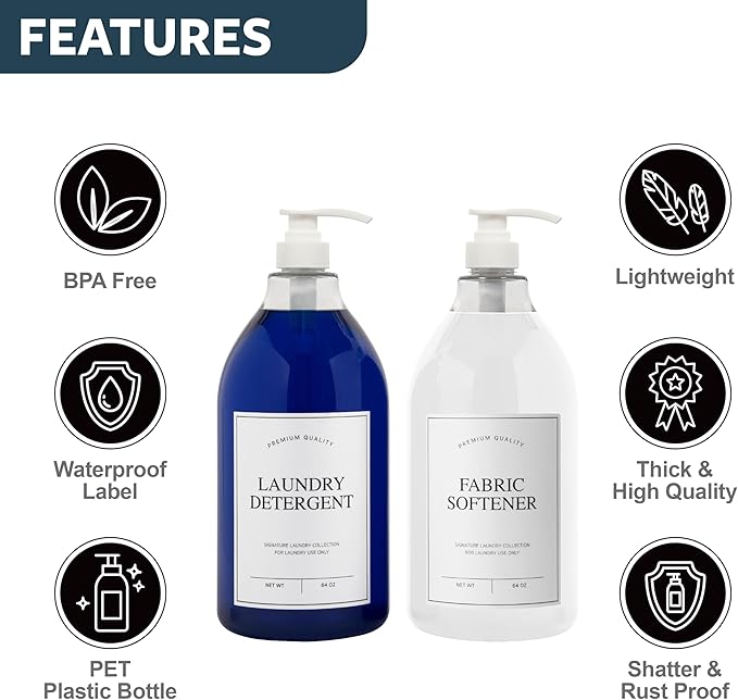 Calindiana Modern Farmhouse Liquid Laundry Detergent and Fabric Softener Dispenser for Laundry Room Decor and Organization, PET Plastic Landry Soap Containers with Water Resistant Labels, Clear 64oz