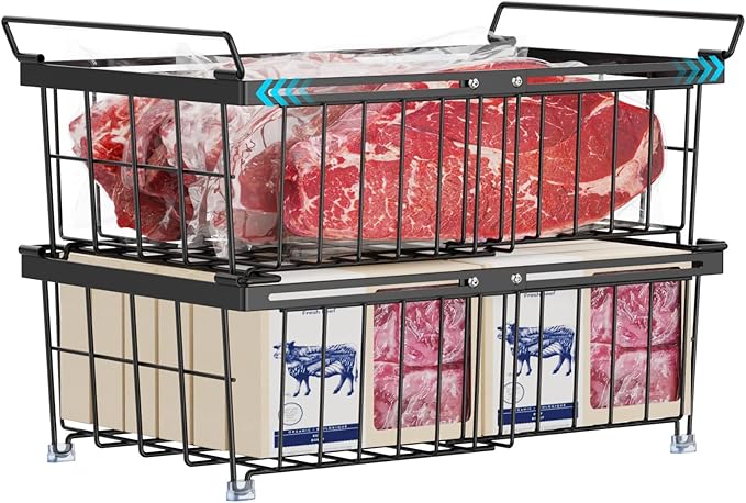 iSPECLE Freezer Organizer Bins - Fit 10 to 20 Cu Ft Chest Freezer, 2 Pack Large Expandable Stackable Deep Freezer Organizer Bins Sort and Easily Get Food without Digging in the Freezer, Black