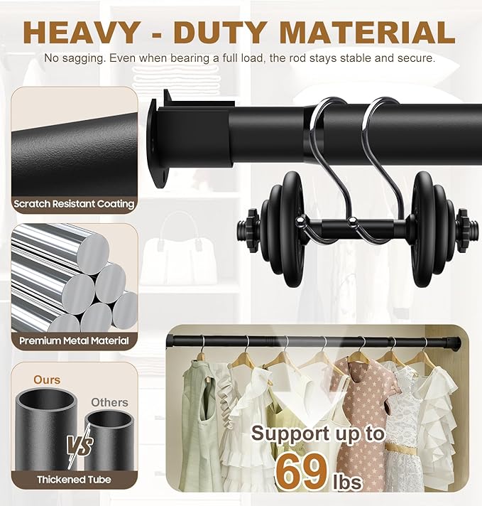 Closet Rods for Hanging Clothes, 16.5 to 46 Inches Adjustable Metal Closet Rod, Heavy Duty Clothes Hanging Rod for Closet Wardrobes Laundry