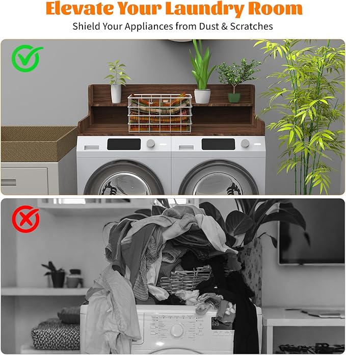 2-Tier Washer Dryer Countertop with Charge Station, 54" x 27.5" Top Cover for Laundry Machine, Washer and Dryer Wood Shelf Topper for Laundry Room Counter Storage Organization, Walnut