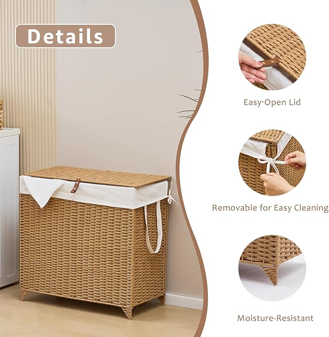 Laundry Hamper with Lid and Removable Liner Bag, Handwoven Rattan Clothes Hamper with Heightened Feet, Wicker Laundry Basket for Clothes and Towels，Large, 2-sections