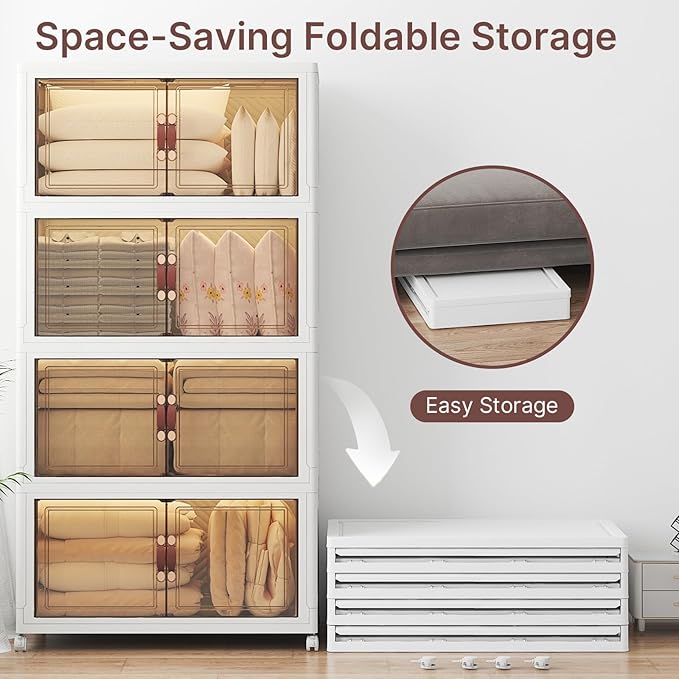 Extra Large Stackable Storage Bins with Lids & Wheels & Door, 660QT-165QT/41GAL*4Pack Foldable Collapsible Closet Organizers, Plastic Containers Drawers for Bedroom Dorm Garage Christmas gift