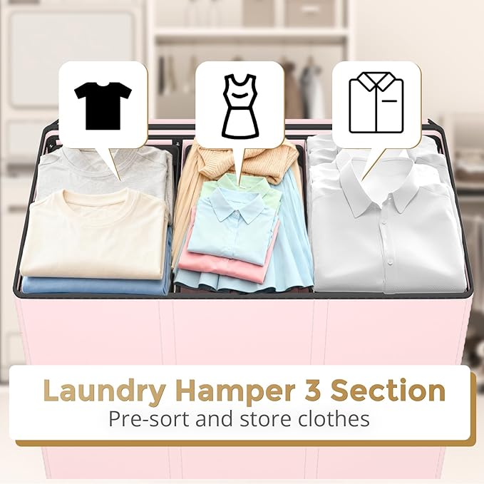 180L Laundry Hamper 3 Section, Large Laundry Basket with Lid, Laundry Basket Organizer with Handles, Pink Divided Laundry Baskets, Clothes Hampers for Nursery, Bedroom, Bathroom
