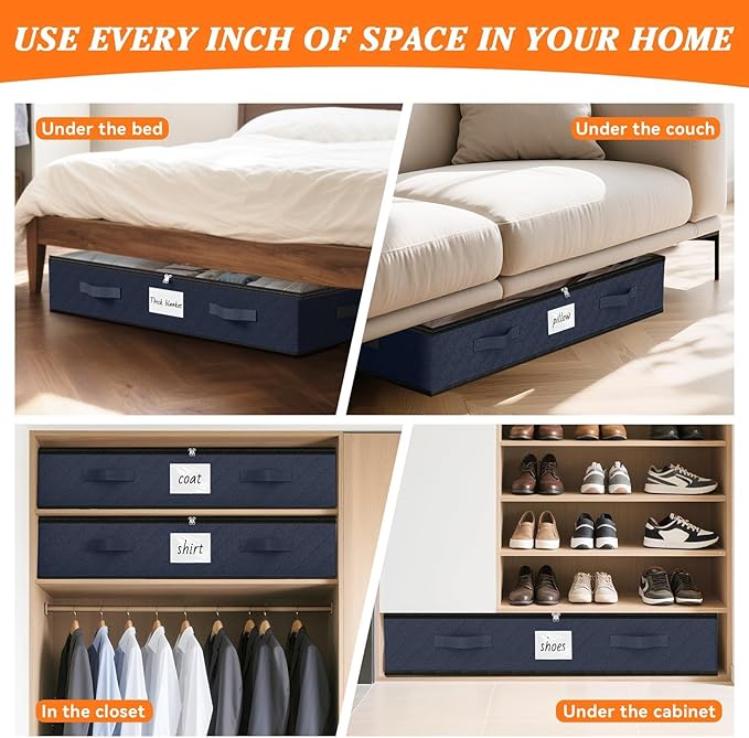 SpaceWhisper 90L Under Bed Storage Containers, 4-Pack Storage Bins with Clear Top, Foldable Closet Organizers and Storage with Label Holder for Clothing, Blankets, Comforter & Pillows(Blue)