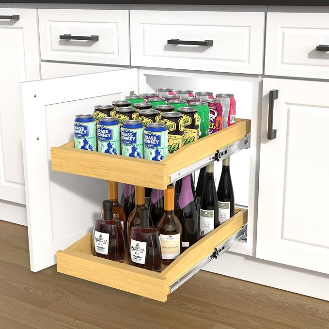Wooden Soft Close Pull out Cabinet Organizer 26" D x 4.3" H, Heavy Duty Slide Out Drawers Pull-Out Home Organizers for Kitchen Cabinets (2 tier-26 * 21 in)