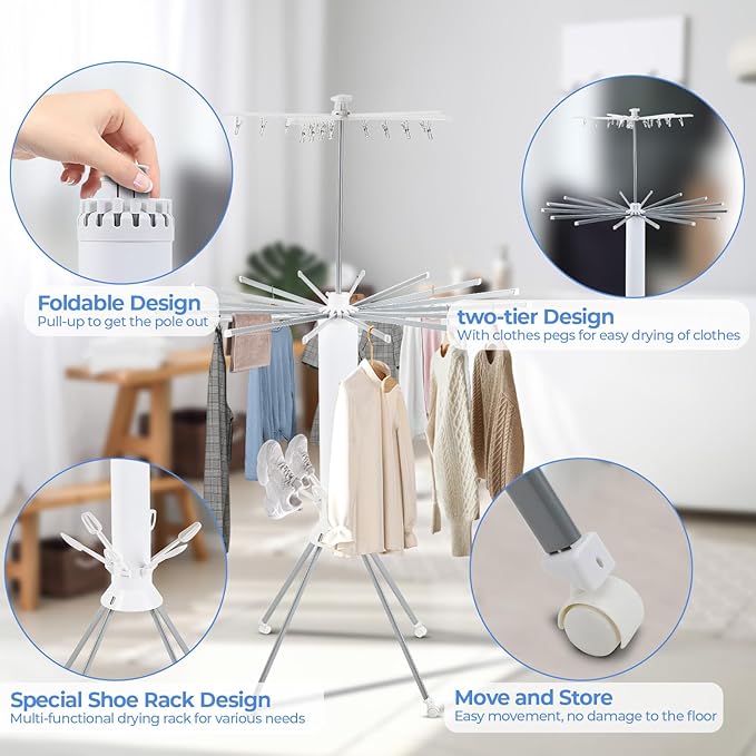 Dollate 3 Tier Portable Clothes Drying Rackwith 4 Pulleys,Indoor and Outdoor Collapsible Rack Clothing with Shoe Drying Rack for Space Saving