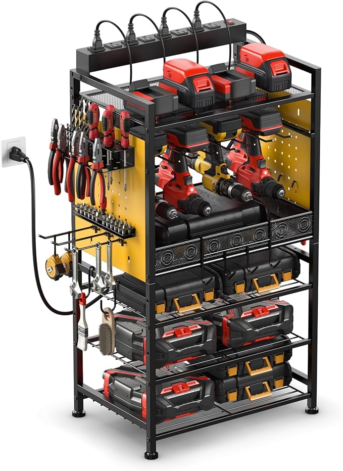 JUNNUJ Power Tool Organizer Floor Stand with Charging Station, Garage Adjustable Storage Rack Utility Tool Shelf with 8 Outlet Power Strip, Heavy Duty Drill and Battery Holder, Yellow