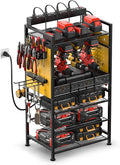 JUNNUJ Power Tool Organizer Floor Stand with Charging Station, Garage Adjustable Storage Rack Utility Tool Shelf with 8 Outlet Power Strip, Heavy Duty Drill and Battery Holder, Yellow