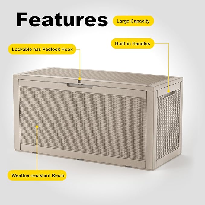 EasyUp 100 Gallon Deck Boxes Waterproof, Outdoor Large Storage Boxes with Lids, Outside Resin Storage Box & Deck Boxes for Patio, Garden Use(Gray)