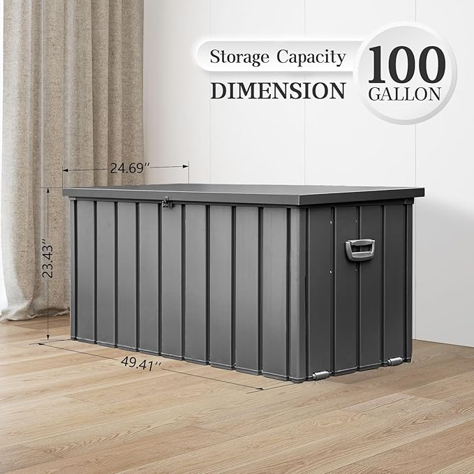 Domi 100 Gallon Deck Box, Metal Outdoor Storage Box with Lock Wheels Side Handles, Waterproof Outside Storage Box for Patio Cushions, Shoes & Pool Tools