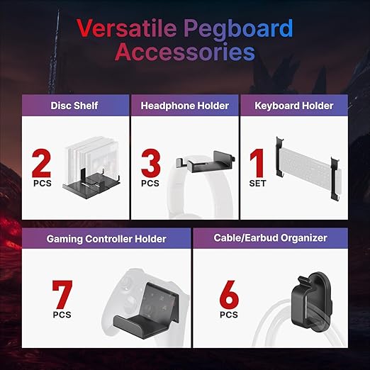 PEGZONE Controller and Headphone Holder Wall Mount, Modular Gaming Pegboard with Accessories, Controller Stand for Xbox PS5 PS4 Switch, Video Game Storage, Disc Shelf, 14pcs Pegboard, Black & Red