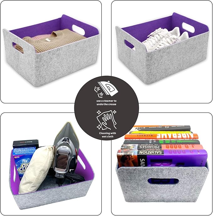 Welaxy Storage Baskets Felt Foldable Storage Cube bin Shelf Bins Organizer Felt Box for Kids Toys Magazine Books Clothes for Office Bedroom Closet Babies Nursery (Purple x 3)