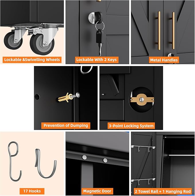 Aobabo Broom Closet Storage Cabinet with 4 Shelves, Garage Storage Cabinet with Wheels and Pegboard and Metal Hooks, Hanging Rod for Brooms and Mops,Kitchen Pantry, Black, Assembly Required