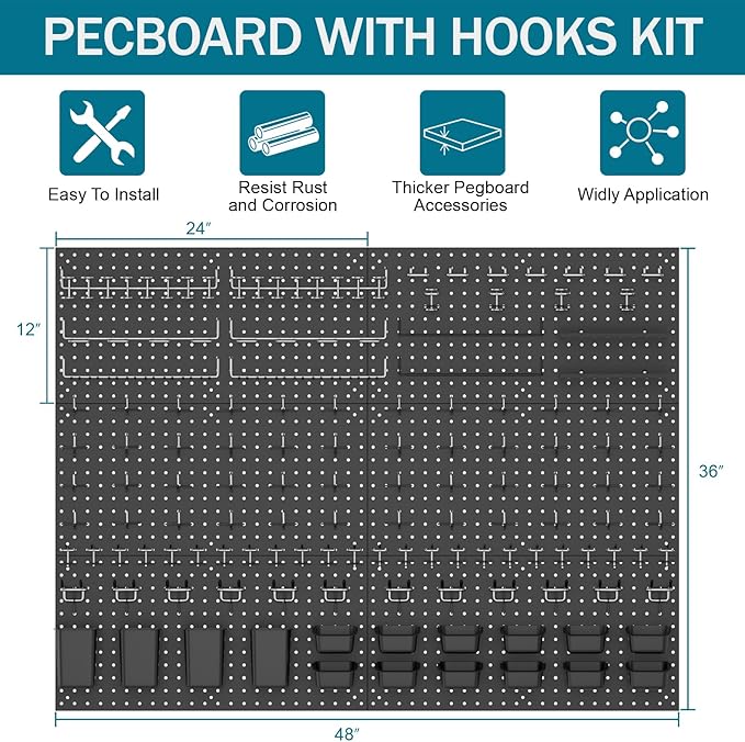 Metal Peg Board Kit with 1/4" Pegboard Accessories, 6 Pack 12"X24" Pegboard and 264PCS Extra Thick Pegboard Accessories,Wall Organizer Peg Board Panels Tool Organizer Storage System (Black)