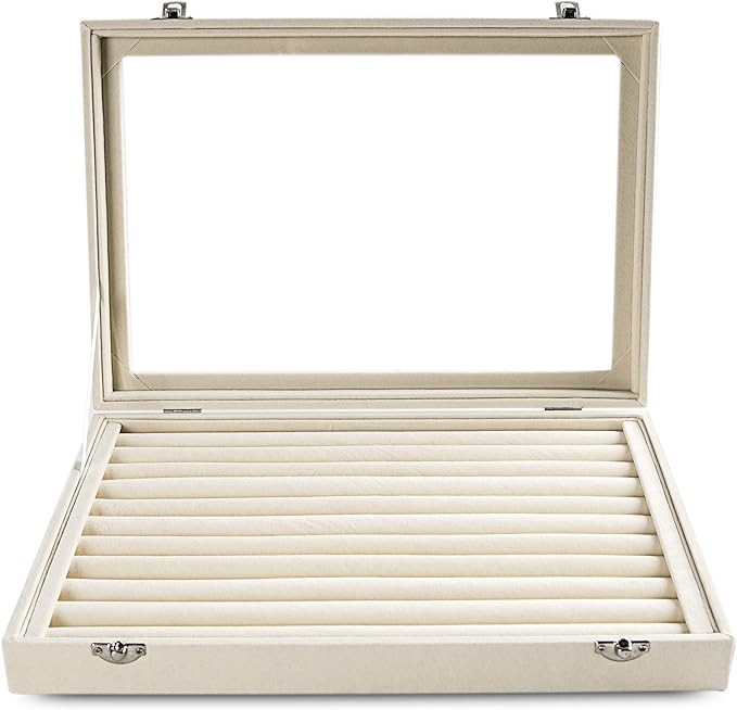 Frebeauty Rings/Earrings Organizer Tray with Clear Lid 10 Slots Velvet Drawer Insert Jewelry Storage box with Glass lid Jewelry Display Case Showcase Gift for Girls Women (Beige, 10 Slots)