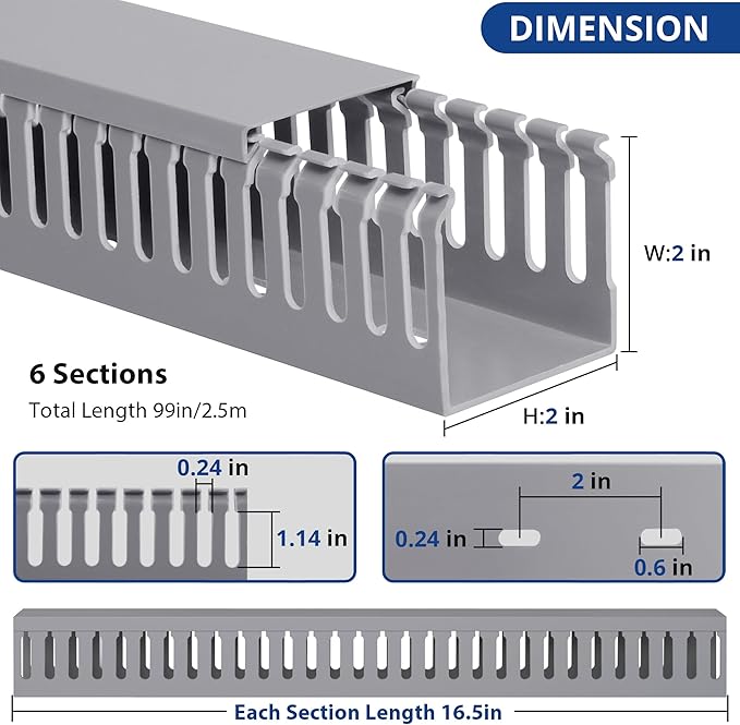 ZhiYo 99in(6X L16.5in) Professional Server Rack Cable Management Raceway, H2in x W2in Cable Raceway Kit, Electrically Safe PVC Open Slot Wire Raceway for Under Desk/Computer/Network Cords, Grey