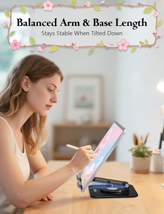Tablet Stand for iPad, 360° Rotating Aluminum Foldable Holder – Adjustable Desk Stand | Fits iPad Pro 12.9/11,Samsung Galaxy Tab – Portable for Home, Office & Travel,Black