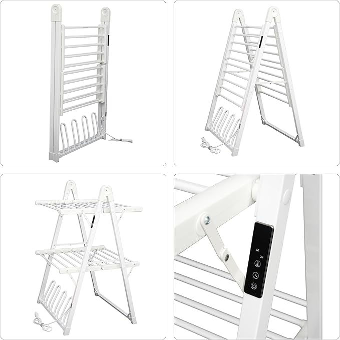 Electric Heated Clothes Drying Rack,Foldable Heated Garment Dryer with Timer Shut-Off Laundry Rack for Clothes Shoes Socks,Aluminum Alloy,White,Plug & Play,(39.37x25.98x23.82in)