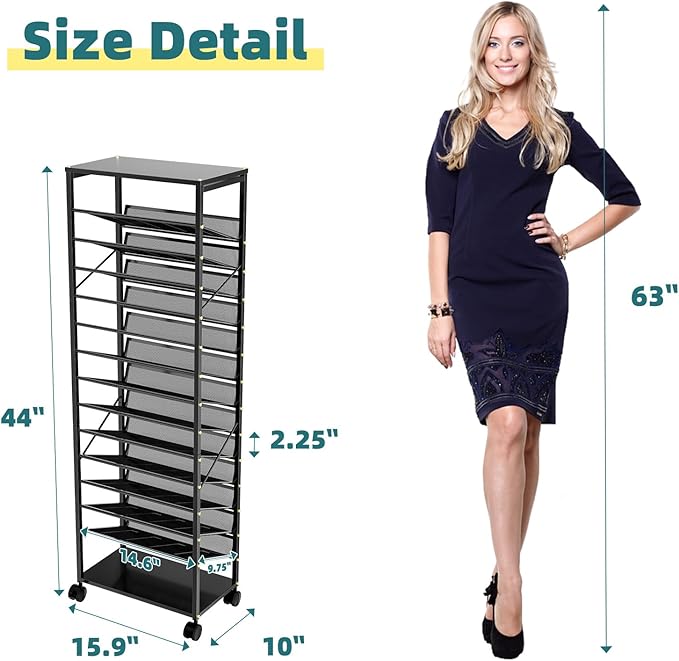 15 Tier Rolling File Cart, Sturdy and Durable Desk File Organizer with Metal Mesh Letter Tray, Heavy-duty Rolling Clutter Cart for Office, Home, School, Black
