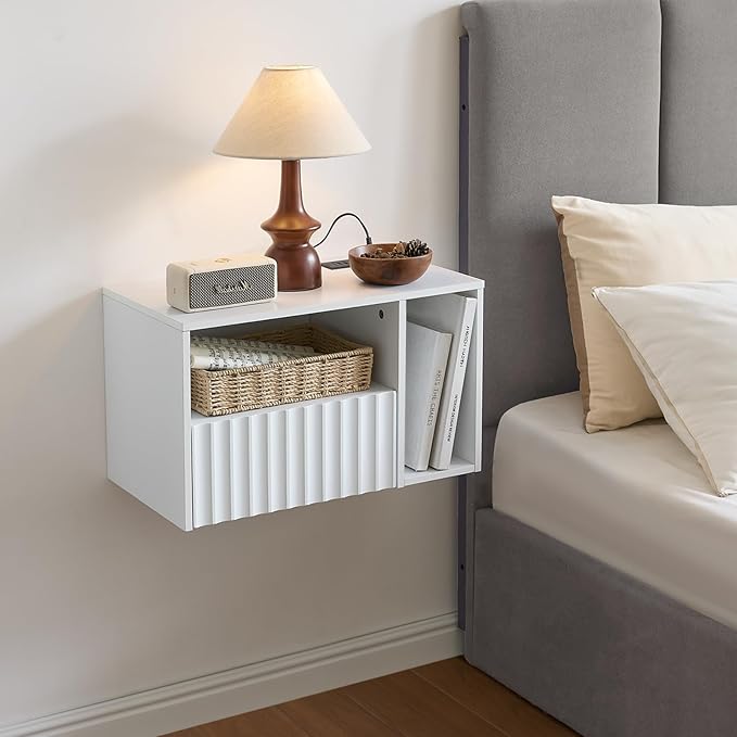 Modern Matte White Fluted Floating Nightstand with Charging Station, NightStand with Drawers, Bedside with USB Ports and Outlets, Bedroom Furniture (Right)