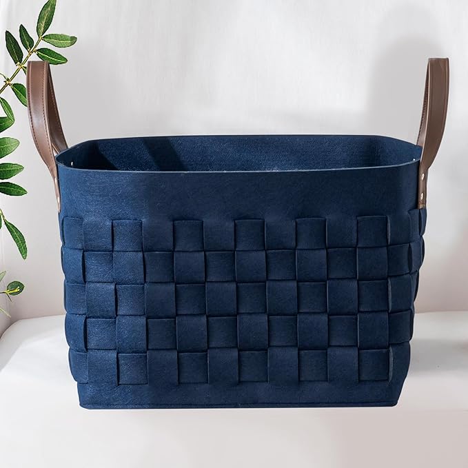 boldmonkey Blankets Basket 16.5 " x13 x13 , Extra Large Rectangular Laundry Hamper with Leather Handle, Soft Dog Toy Basket for Storage-Navy Blue