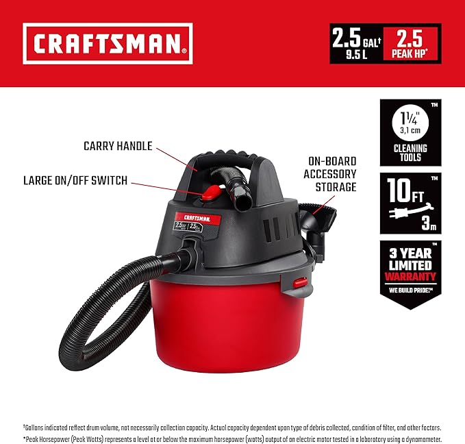 CRAFTSMAN CMXEVBE17596 20 Gal. 6.5 Peak HP Heavy Duty Wet/Dry Shop Vacuum with Filter, Dust Bag, Hose, Attachments and CMXEVBE17250 2.5 Gal. 2.5 Peak HP Portable Vac with Filter, Hose and Attachments