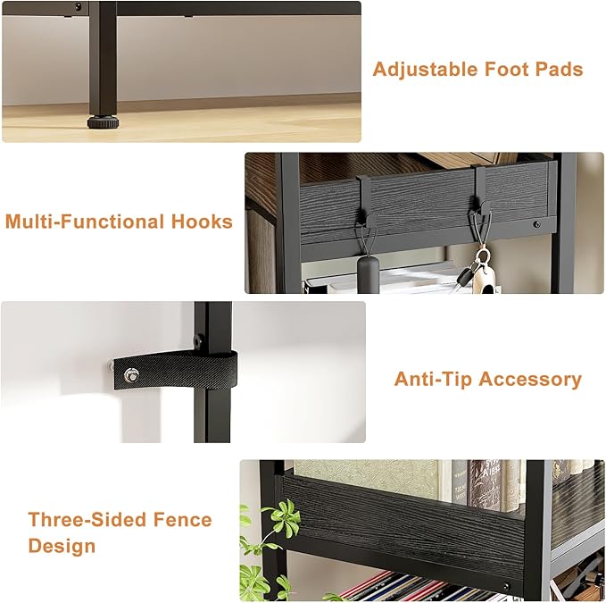 KOUSEI 5-Tier Corner Bookshelf, Reversible L-Shaped Bookcase with 4 Hooks, 65" Industrial Wood & Metal Storage Shelf for Living Room, Home Office & Bedroom, Black