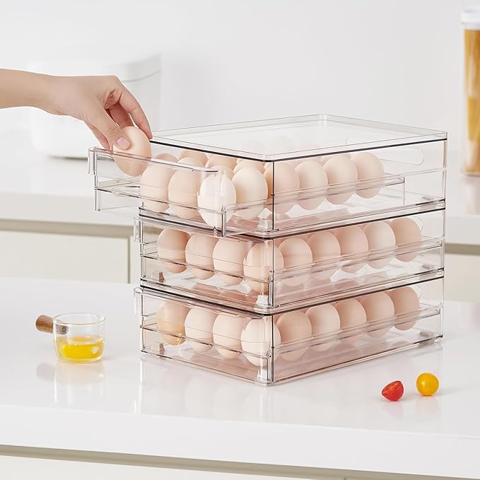 vacane 24 Capacity Egg Holder for Refrigerator Organizer Bins, Clear Egg Storage Container for Fridge Egg Drawer Egg Tray with Non-Slip Pads, Bpa Free Egg Organizer-2 Pack
