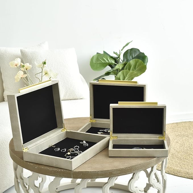 Faux Shagreen Leather Jewelry Storage Boxes Set of 3 with Gold Handles, Velvet Lined Stackable Organizer for Women, Vanity, Dresser, Gift, White