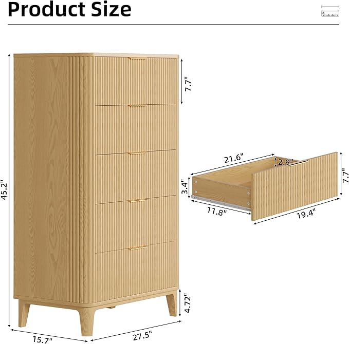 Fluted 5 Drawers Dresser for Bedroom, 45" Modern Tall Chest of Drawers with Wood Grain, Farmhouse Wooden Vertical Dresser, Curved Profile Design, Wood Drawer Organizer for Closet, Hallway Natural