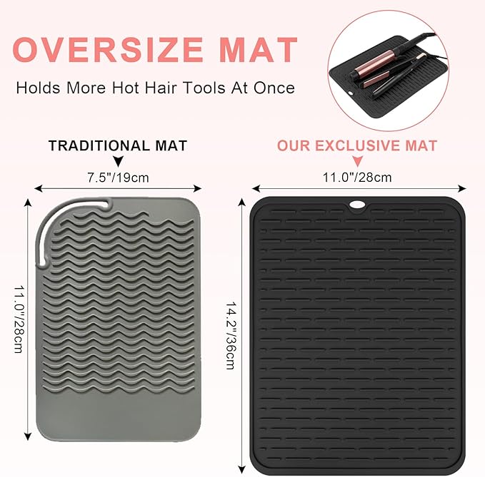Oversize Silicone Heat Resistant Mat for Curling Irons, Flat Irons, Hair Straighteners and Hot Hair Styling Tools, Portable Hot Tools Sleeve Pad for Travel Vanity Salon(14.2" x 11.0")