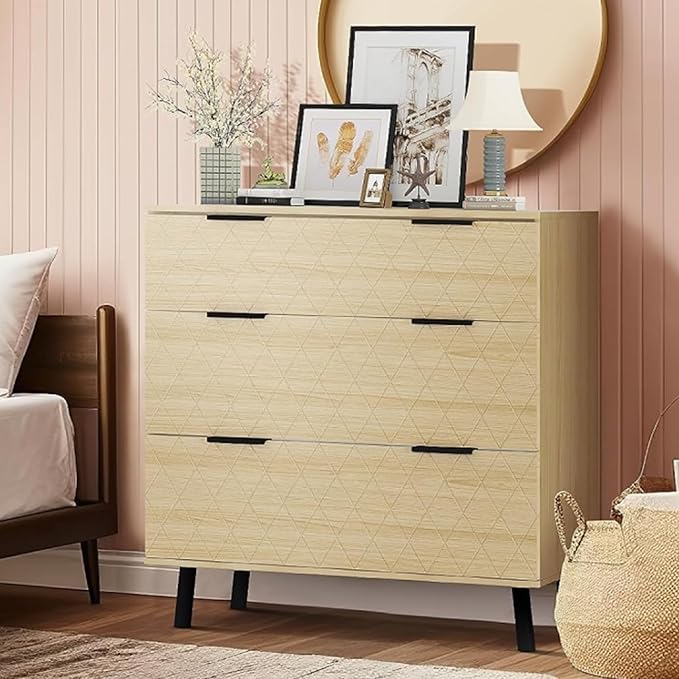 AWQM 3 Drawer Dresser for Bedroom,Large Capacity Chest of Drawers,Wood Dresser TV Stand,Drawer Organizer Storage Tower Unit for Living Room, Hallway,Natural