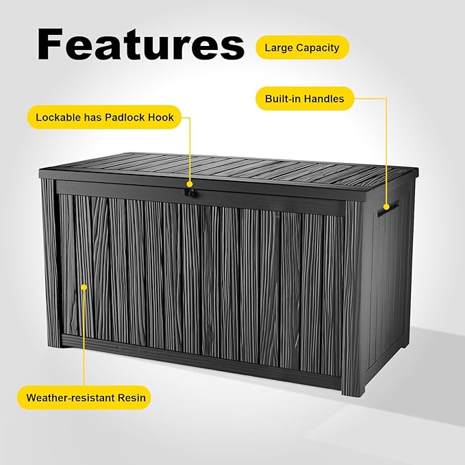 180 Gallon Waterproof Outdoor Storage Box, UV Resistant Resin Deck Box with Hydraulic Rod for Reinforced Stability, Perfect for Patio, Garden, and Pool, Striped Black