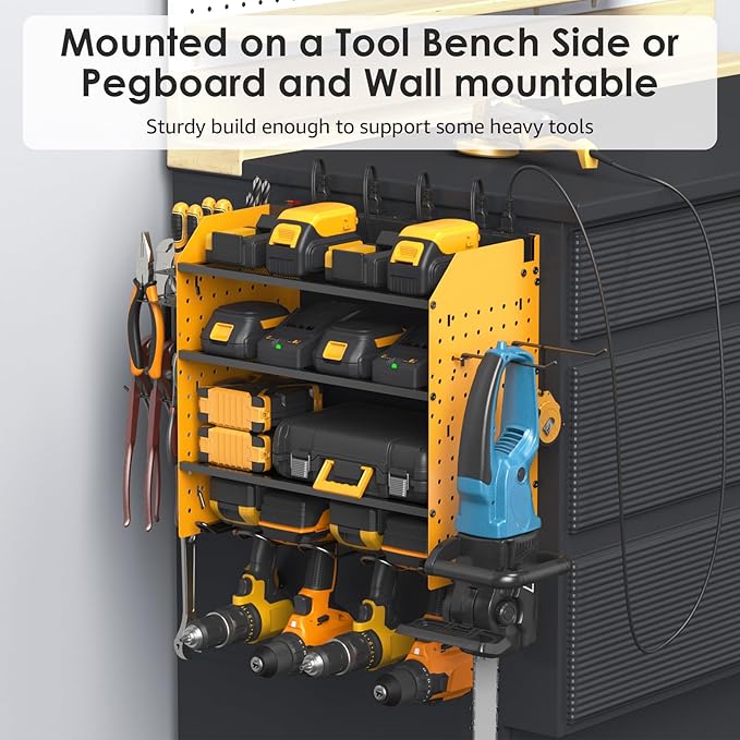 CCCEI Modular Pegboard Rack Power Tool Organizer with Charging Station. 4 Layer Wall Mount Drill Holder, Yellow Tool Battery Charger Organizer. Garage Shop Storage Utility Shelf with 10FT Power Strip