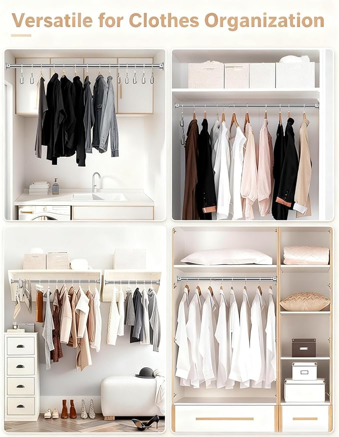 FIRJOY Premium Stainless Steel Closet Rod 1.0mm/1.3", Heavy Duty Adjustable Hanging Bar for Clothes Organization, No-Splice 1-Piece Telescoping Design (Silver, 16.9" - 26.9")