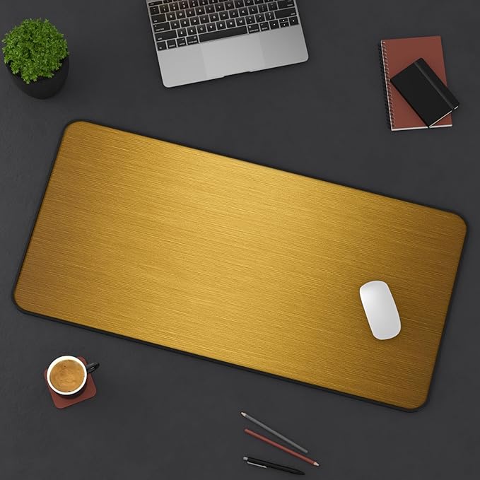 Brushed Metal Texture Desk Mat - Extended Mouse Pad & Desk Pad, Neoprene Surface, Non-Slip Rubber Base, Stitched Edges, Desk Protector for Keyboard & Mouse (Gold, 16x32)